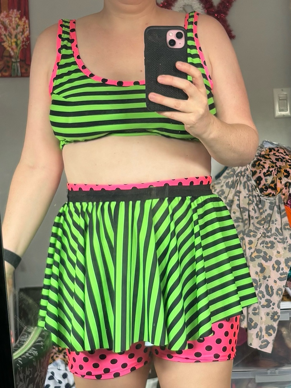 Neon Green & Hot Pink Striped Flared 3 piece